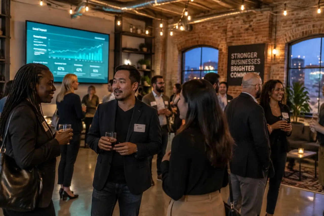 An evening get-together of local business owners talking over drinks in a loft venue